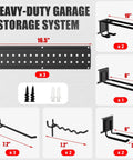 Heavy-duty garage storage system components with measurements, featuring hooks and wall mount brackets for tool organization.
