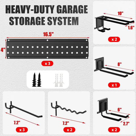 Heavy-duty garage storage system components with measurements, featuring hooks and wall mount brackets for tool organization.