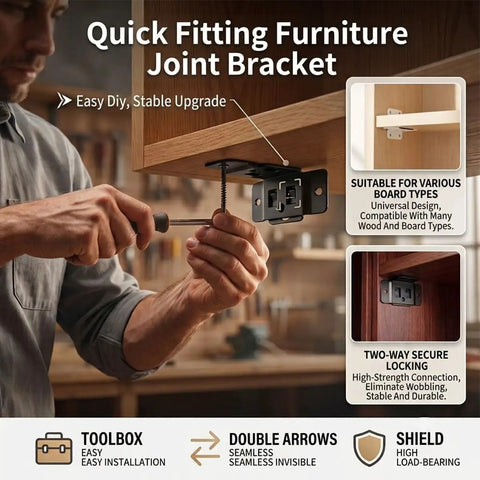 Heavy Duty 8 Pack Furniture Joint Brackets With 2 In 1 Locking Insert And Anti Slip Inserts installation under a wooden cabinet.