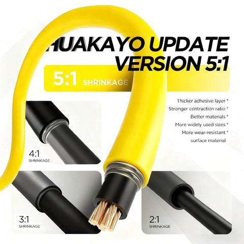 Five To One Heat Shrink Tubing Kit With 600 Pieces Adhesive Lined Marine Grade Dual Wall Waterproof Wire Sleeving Tube Wrap Set In Eight Sizes And Six Colors For DIY Electrical Projects with yellow tubing close-up