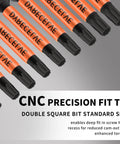 Premium 10 Pack 8 Point Torx Star And Double Square Bit Set showing CNC precision fit double square tips in black and orange.