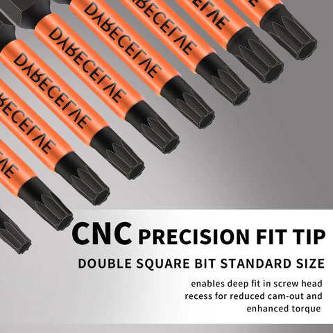Premium 10 Pack 8 Point Torx Star And Double Square Bit Set showing CNC precision fit double square tips in black and orange.