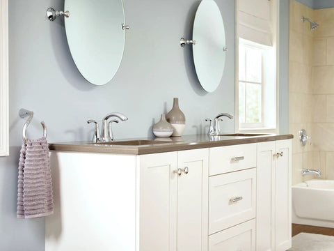 Modern bathroom with Glyde Chrome Two Handle High Arc Centerset Bathroom Faucet With Sleek Finish Easy Flow Levers Water Sense Certified.