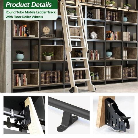 Heavy Duty Industrial Rolling Ladder Hardware Kit With Adjustable Carbon Steel Track installed on bookshelf