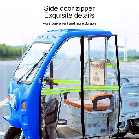 Heavy Duty Electric Tricycle Cover With Windshield And Frame Canopy, side door zipper detail, clear PVC, blue trike cover