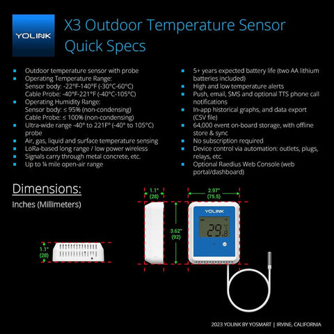 Smart X3 Outdoor Temperature Data Logger With Probe, Quarter Mile Range, 5 Plus Years Battery Life, Email Text And App Alerts, Alexa And IFTTT Ready, Thermometer For Pool Hot Tub Fish Tank And More, Hub Required. Front view with probe and dimensions