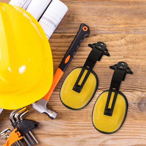 Kickass Heavy Duty Construction Hard Hat With Integrated Noise Cancelling Ear Muffs For Industrial Work Sites And Adjustable Hearing Protection with yellow earmuffs and tools.