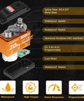 Waterproof Metal Gear RC Servo Digital Servo With Aluminum Horn, showing internal metal gears, 20kg torque for RC vehicles.