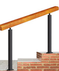Top Tier Adjustable Handrail Kit For Outdoor Steps Built Tough With Solid Wood And Heavy Duty Iron Posts No Sweat Weather Sealing Keeps Your Front Porch Safe And Sturdy Always, close-up view of sturdy wooden rail and black metal post.