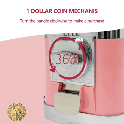 Pink High Capacity Candy Gumball Vending Machine Built Different With Hella Tough Plastic Shell showing coin mechanism for secure purchases.