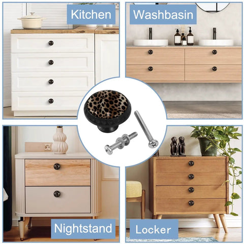 Sleek Leopard Print Round Cabinet Knobs 4 Pack Black Drawer Pulls for Kitchen Cabinets Dresser Cupboard Doors Hardware
