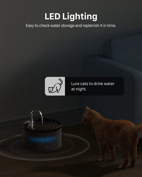 2L Pet Water Fountain For Cats And Dogs, Automatic Dispenser With LED lighting and quiet operation, cat drinking at night