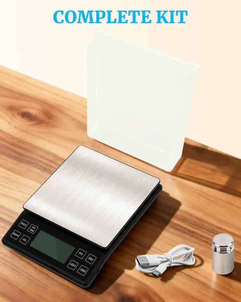 Pro Grade Kitchen Scale For Meal Prep And Baking, 11Lb Capacity, Precise 0.1g 0.01oz Graduation with accessories on wood surface.