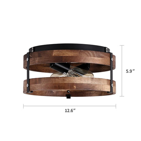 2 Light Rustic Oak Wood Round Drum Ceiling Light Fixture For Hallways Bedrooms Kitchens And Entryways Farmhouse Black Flush Mount Semi Flush Mount With Easy Install And Cozy On Trend Farmhouse Vibe, side view with dimensions