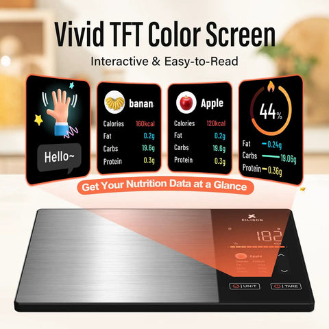 Smart Kitchen Scale With Nutrition Calculator, Digital Food Scale, Large TFT Color Display showing nutritional data in use