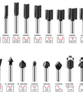 Router Bit Set One Quarter Inch Shank 30 Piece Tungsten Carbide Bits for precise cuts and smooth surfaces shown in detail.
