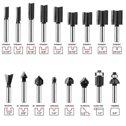 Router Bit Set One Quarter Inch Shank 30 Piece Tungsten Carbide Bits for precise cuts and smooth surfaces shown in detail.