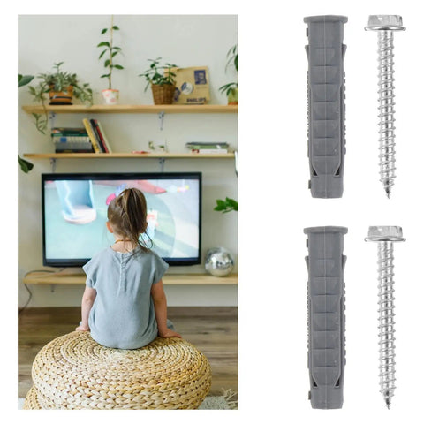 Ribbed Plastic Wall Anchors And Carbon Steel Screws Kit For TV Bracket Mounting Heavy Duty Rust Resistant Suitable For Drywall And Hollow Walls 6 Anchors And 6 Screws, with anchors and screws shown beside TV wall mount use