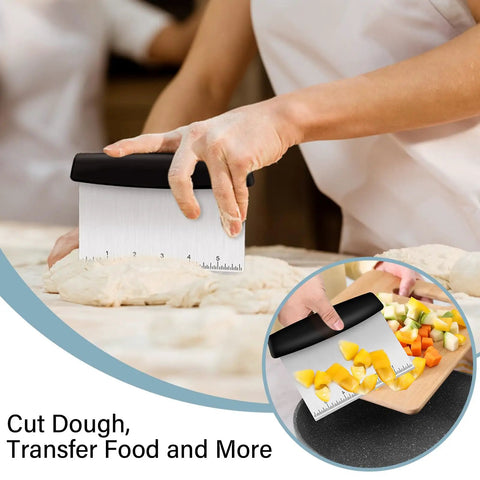Sturdy Stainless Steel Bench Scraper With Dual BPA Free Plastic Bowl Scrapers Measuring Scale Flexible Edges Pro Grade Kitchen Tool Set For Pastry Bread Pizza Cake Great For Home Bakers, 6.6 x 4.7 in dough cutter