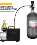 4500 Psi 2.5L Carbon Fiber Scuba Tank With Regulator Fill Station for PCP Air Rifles, connected to air compressor