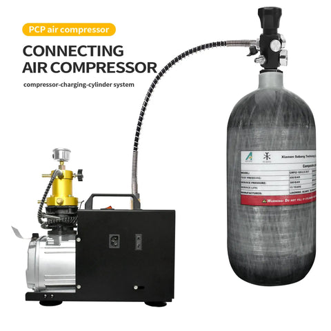 2.5L Carbon Fiber Air Tank 4500psi with paintball fill station and regulator gauge for PCP air rifles and scuba tanks connected to compressor