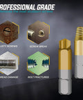 Close-up of 22 Piece Titanium Screw Extractor Set For Stripped Screws And Bolts Reverses Damaged Threads With Any Drill