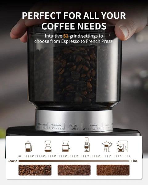 Conical Burr Espresso Coffee Grinder Electric With Precision Timer 2.0 Touchscreen Adjustable Burr Mill with 51 settings.