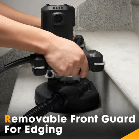 Person using 7 Inch Concrete Grinder With Low Vibration Handle, 2000W High Torque Motor, 6 Speed Controller edging stairs.