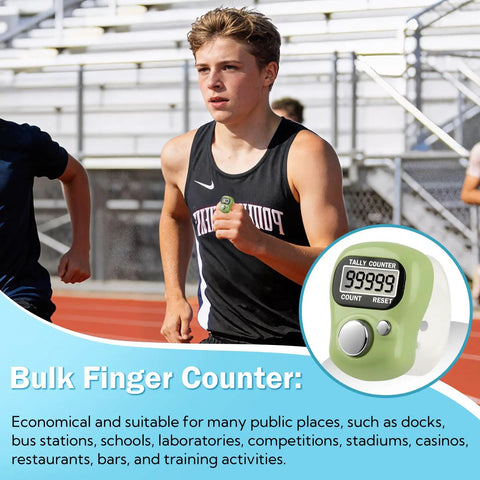 Top Shelf 24 Pack Electronic Finger Counters Featuring Nifty Bright Numeric Display Rings used by a runner for score tracking.