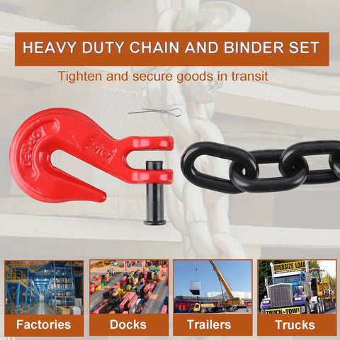 Heavy Duty G80 Grade Transport Binder Chain 3/8 Inch By 20 Feet With Clevis Grab Hooks and black chain detail.
