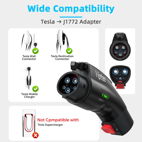 Tesla Nacs To J1772 Ev Charger Adapter 60Amp 250Volt Ul 2252 Certified showing compatibility with Tesla connectors.
