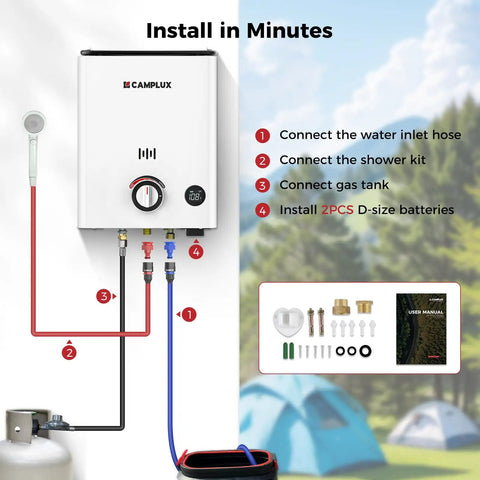 Install steps for Grab And Go Portable Propane Water Heater Boasting Instant 1.32 Gpm Hot Flow And A Hefty 34000 BTU Output.