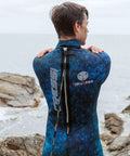 Tokugawa 3mm Wetsuit For Spearfishing And Freediving With Blue Camouflage Nylon One Piece, back view, size XL by the sea