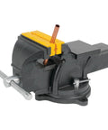 MV1 3-Inch To 6-Inch Polyurethane Soft Grip Vise Non-Marring Clamp, black body, yellow pads holding a copper pipe