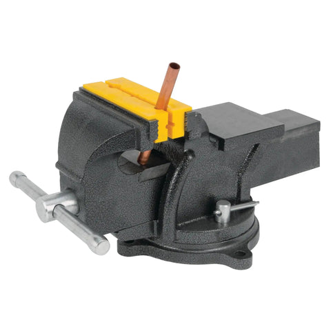 MV1 3-Inch To 6-Inch Polyurethane Soft Grip Vise Non-Marring Clamp, black body, yellow pads holding a copper pipe