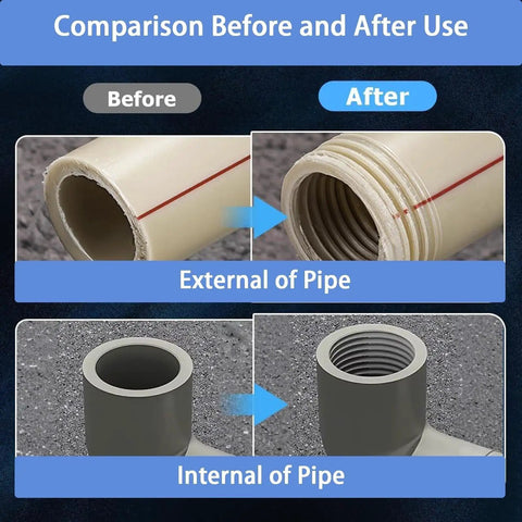 4 In 1 PVC Pipe Threader For Internal And External Threads Taps One Half Three Quarter And One Inch PVC Pipes Drill Compatible Tool For Quick Plumbing Fixes No Switch Heads Ideal For DIY Home Pros. Before-and-after PVC pipe threading for external and internal threads
