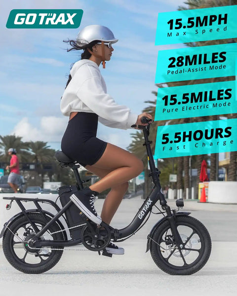 S4 16 Inch Folding Electric Bike For Adults And Teens With 350W Brushless Motor Peak 500W, woman riding black folding e-bike