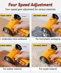Heavy Duty Cordless Electric Scissors With 3 High Carbon Steel Blades For Cutting Cardboard Boxes Up To Quarter Inch Thick Leather And Carpet Four Speed Settings showing speed adjustments for cutting various materials.