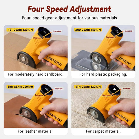 Heavy Duty Cordless Electric Scissors With 3 High Carbon Steel Blades For Cutting Cardboard Boxes Up To Quarter Inch Thick Leather And Carpet Four Speed Settings showing speed adjustments for cutting various materials.