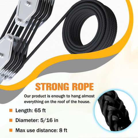 Beefy Heavy Duty Block And Tackle Pulley System 2200Lb Capacity close-up of 4-wheel design with 65 ft 5/16 inch black rope