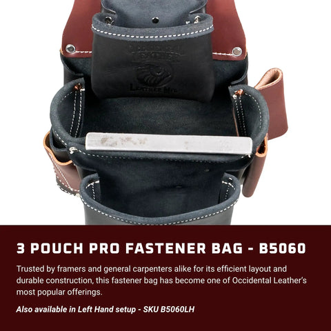 Three Pouch Pro Fastener Bag For Carpenters With Nine Pockets And Dedicated Tool Holders Black Made In USA Durable Leather