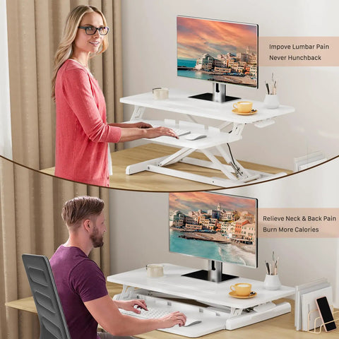 32 Inch Standing Desk Converter Sit Stand Riser With Keyboard Tray For Home Office Desktop Computer And Laptop Setup White Particle Board Height Adjustable From 4.9 To 19.3 Inches To Fight Back Pain And Boost Focus