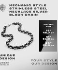 Mechanic Style Stainless Steel Mens Necklace With Silver And Black Chain Dope Industrial Look For Everyday Wear Durable Modern Mens Jewelry In 18 21 And 23 Inch Lengths displayed on a white background.