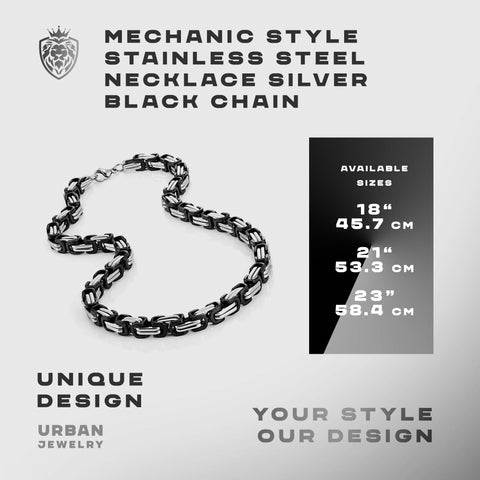 Mechanic Style Stainless Steel Mens Necklace With Silver And Black Chain Dope Industrial Look For Everyday Wear Durable Modern Mens Jewelry In 18 21 And 23 Inch Lengths displayed on a white background.