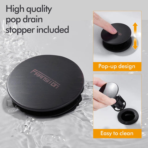 Close-up of pop-up drain stopper in oil rubbed bronze finish, showing design and easy cleaning feature, compatible with Two Handle 3 Hole Widespread Bathroom Faucet With Pop Up Drain And Overflow, Oil Rubbed Bronze Finish, 8 Inch Spread, Includes Quick Connect Supply Hoses, cUPC Certified, Easy Install, Durable and Modern.