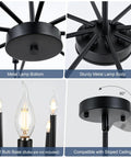 Close-up details of 8-Light Modern Black Farmhouse Chandelier With Industrial Metal Arms And Candle-Style Cups, including metal base and bulb.