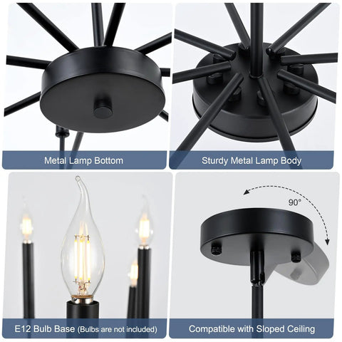 Close-up details of 8-Light Modern Black Farmhouse Chandelier With Industrial Metal Arms And Candle-Style Cups, including metal base and bulb.