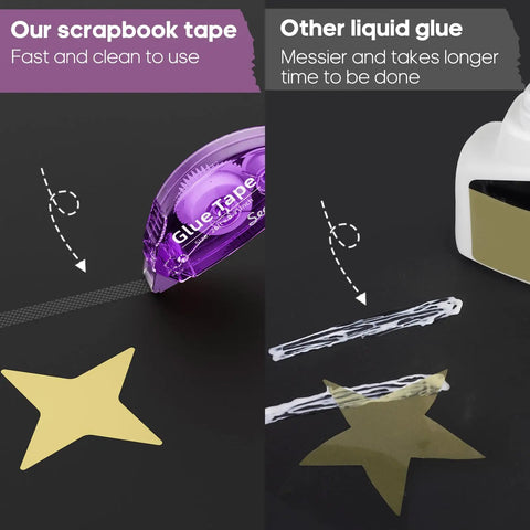 Comparison of Double Sided Scrapbook Tape Kit 0.3 Inch By 26 Feet in bright shell with liquid glue showing mess-free application.