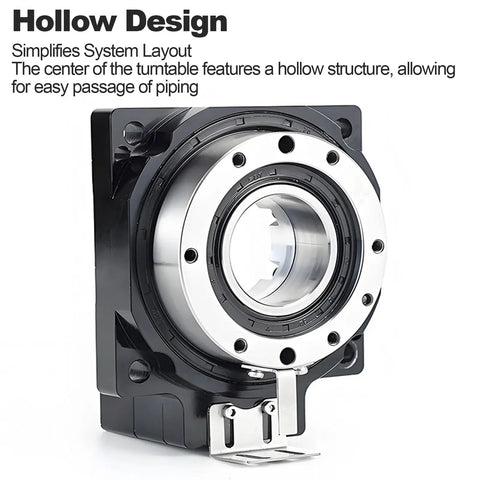 Slick Hollow Rotary Actuator Featuring Tight Precision Gearing And Minimal Backlash For Smooth Factory Automation And Stepper Motor Hookups Plus Easy Customizable Mounting Flexibility, showing hollow design with central passage.
