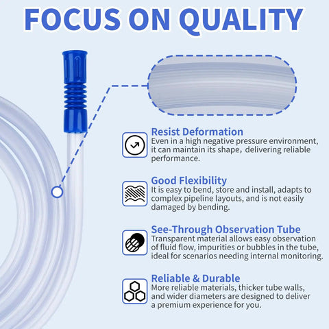 Close-up of 3-Piece 71 Inch Vacuum Suction Hose Set with focus on quality, showing durable and flexible transparent hose features.